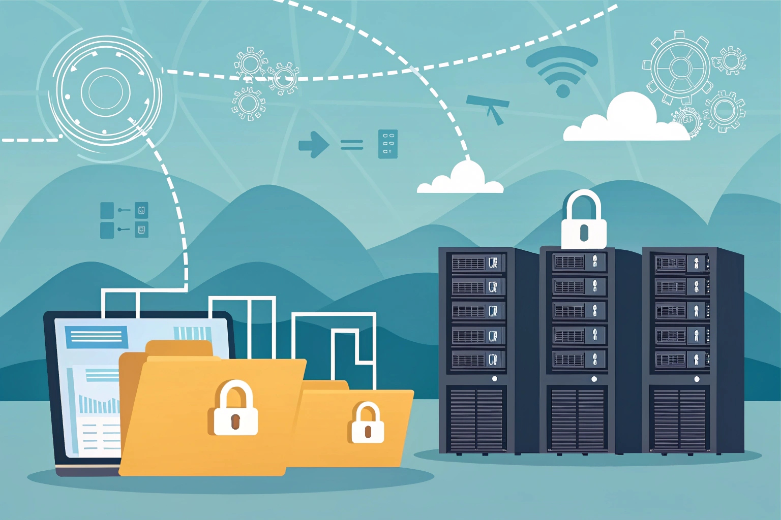 Ilustración de cifrado de datos que muestra archivos y datos empresariales protegidos de forma segura