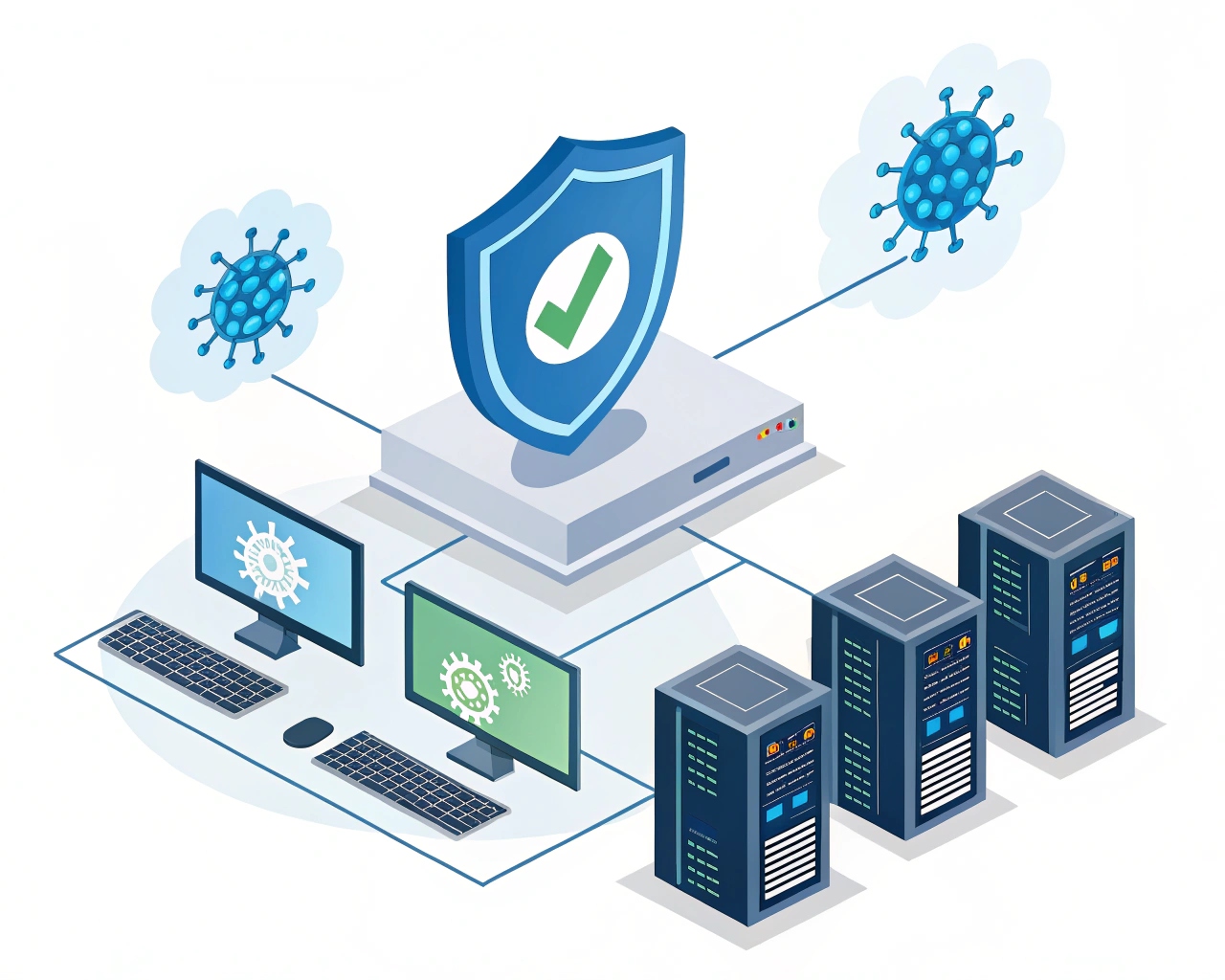 Illustration of antivirus protection software guarding a business network against malware
