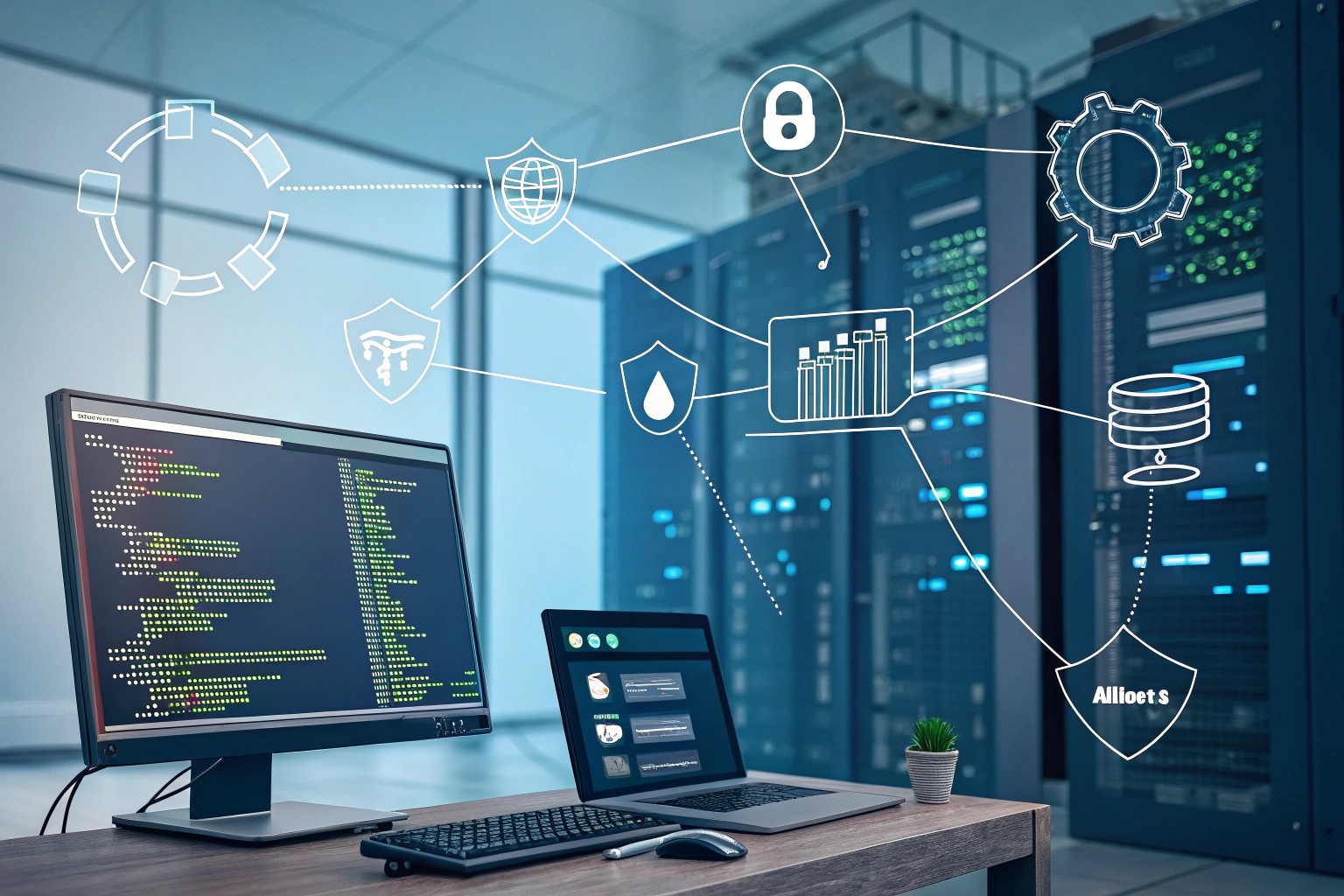 Concepto de escaneo de vulnerabilidades con software analizando infraestructura digital para detectar debilidades de seguridad