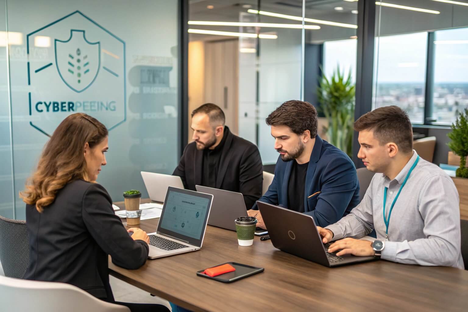 Team of cybersecurity specialists in an office discussing cybersecurity strategies